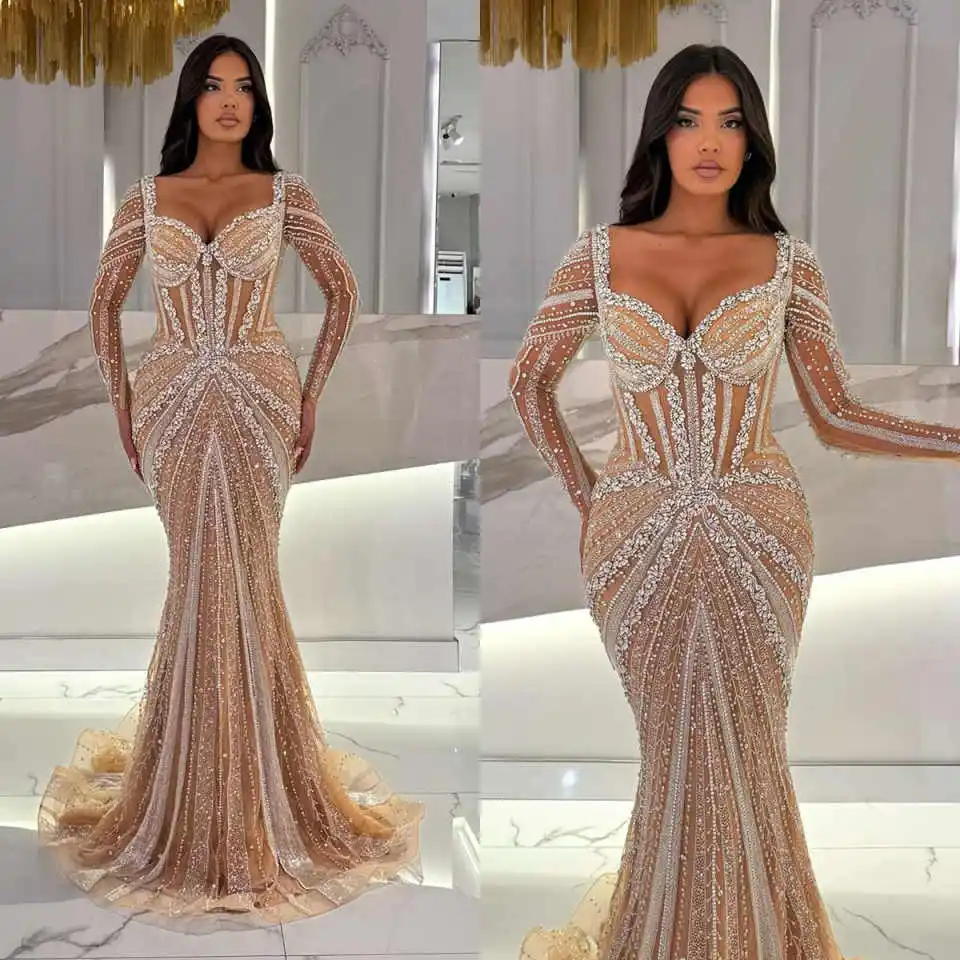 

Роскошные вечерние платья Русалка без бретелек с кристаллами и бисером с длинным рукавом платье для выпускного вечера вечернее платье Vestido De Noite на заказ