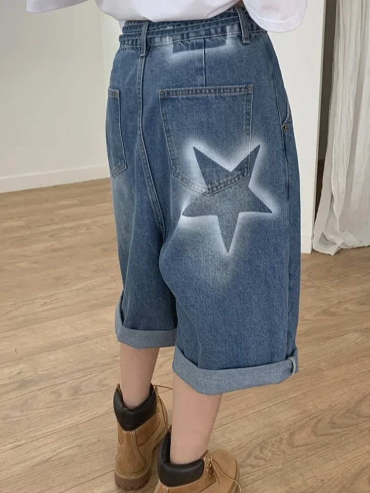 

Retro Star Print Loose Fit Casual Women's Denim Shorts Seven-Foot Roll-Up Design Comfortable Loose Leggings Jeans