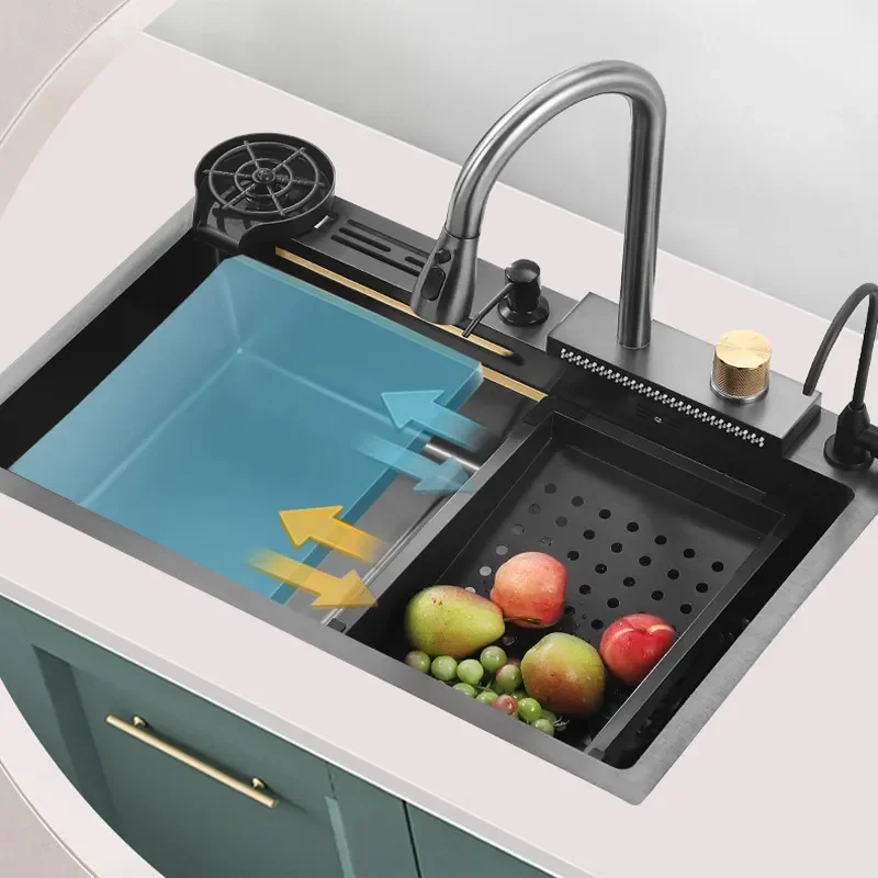 Multifunctional 304 Stainless Steel Kitchen Sink with Nano Coating Large Single Bowl Waterfall Faucet Integrated Knife Holder