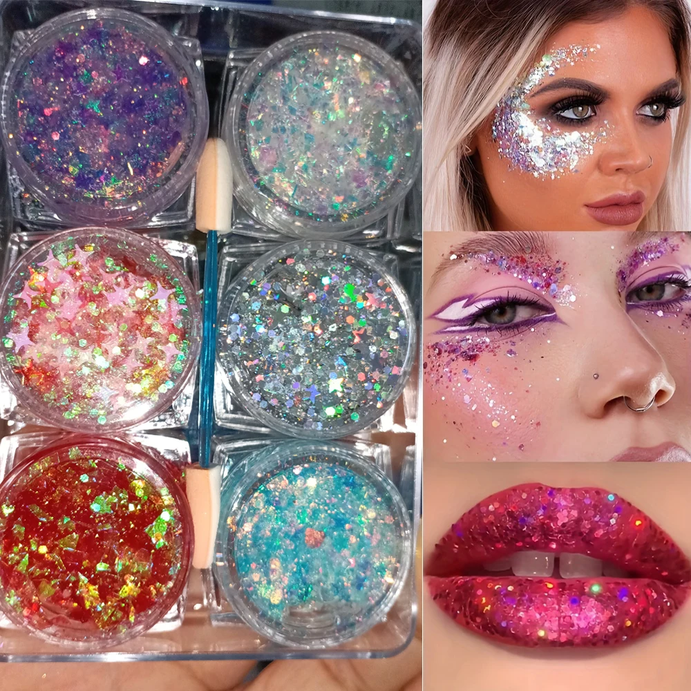 6 Potten/Set Laser Lovertjes Gel Gezicht Body Glitter Oogschaduw Crème Kleurrijke Pailletten Bodycream Podium Nachtclub Halloween Party Make-Up