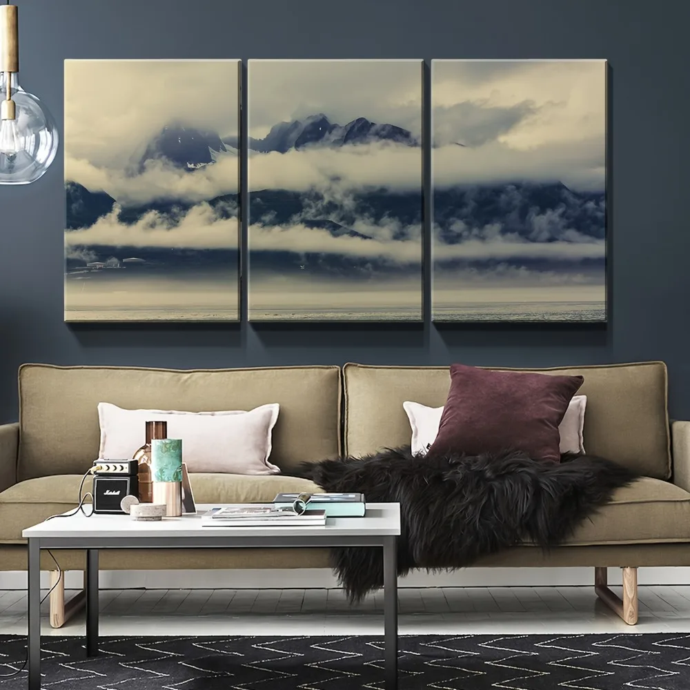 

3 pieces of Misty Mountain landscape, upholstery, stretched and framed ready-hung,1.5 inch chunky wood frame