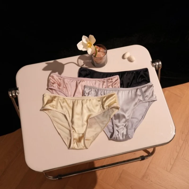 Birdtree 94% Real Silk 6% Spandex Briefs,Women Mesh Mid-waist Underpants,Sexy Solid Satin Brief,2025 Autumn New A5D418JF