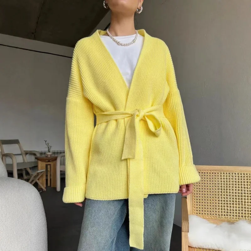 

Women's Belted Long Sleeve Casual Sweater Coat Autumn Winter Loose Lazy Design Fashionable Outerwear