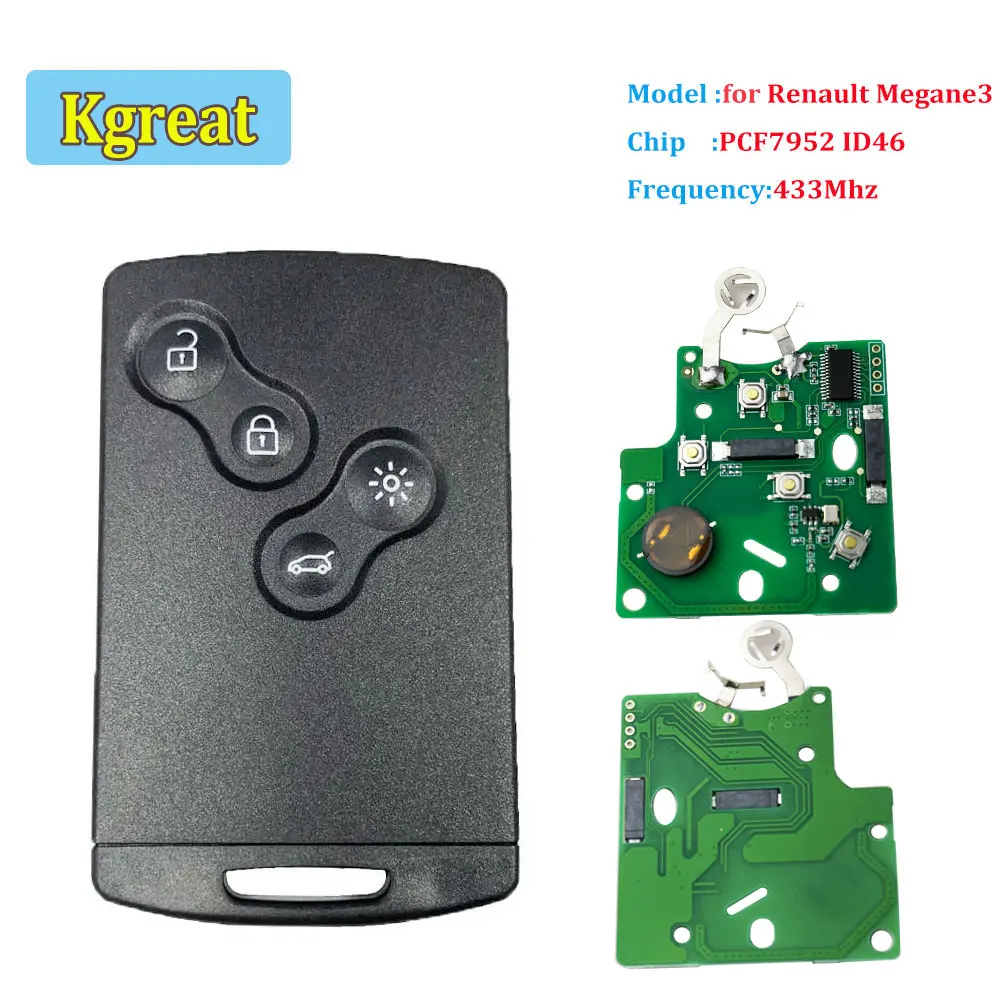 Kgreat Remote Key Card Keyless 4 Buttons Smart Key 433mhz PCF7952 ID46 Chip for Renault Megane 3 Megane III Car Remote Key