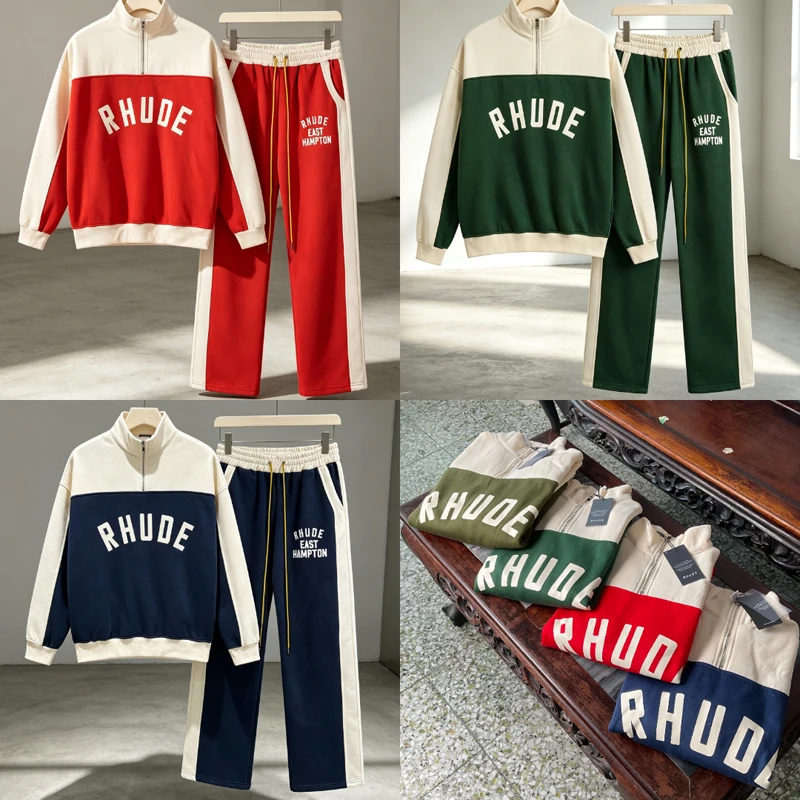 2026 High Quality RHUDE Casual Pants Autumn/winter Classic Trendy Set Contrasting Splicing Sports Loose Sweatpants
