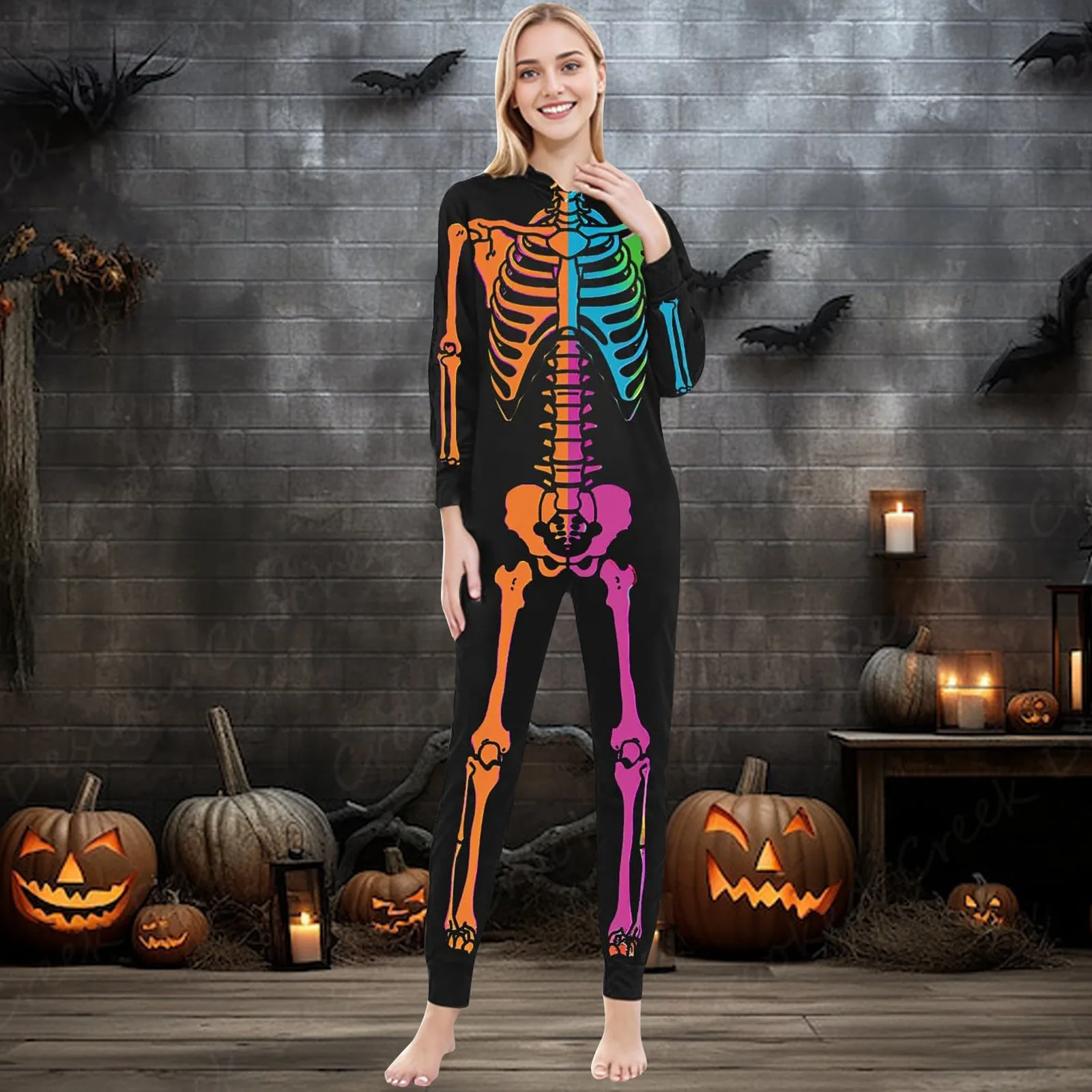 Halloween Parent Child Colorful Skeleton Printed Hooded Jumpsuit Zipper Halloween Pajamas for Family 2024 Fall Sleepwear Family