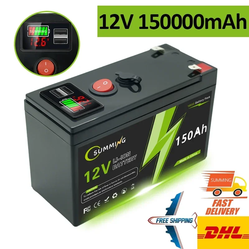 

12V 18650 Lithium Battery 150Ah LiFePO4 4000+ Deep Cycles Built-in BMS,for UPS, Kayak Fish Finder, Solar Panel,Power Wheels