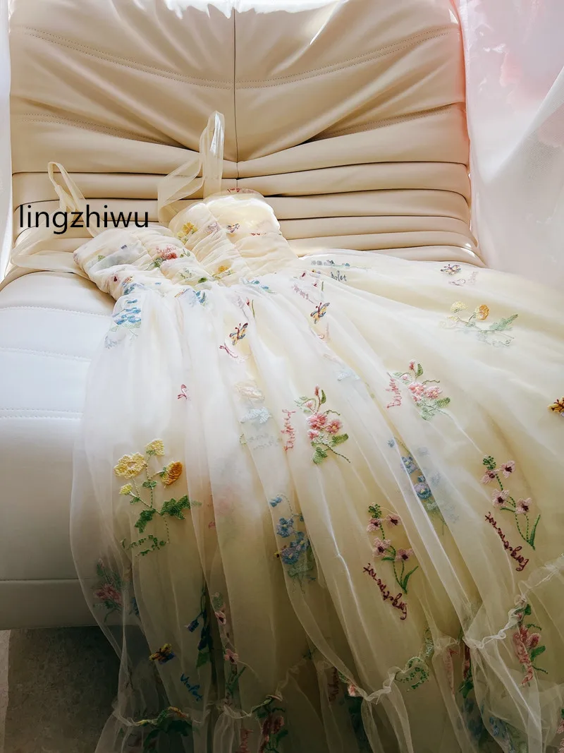 lingzhiwu Embroidery Flower Dress Mesh French Designer Top Quality Exquisite Yellow Formal Elegant Dresses Holiday New Arrive