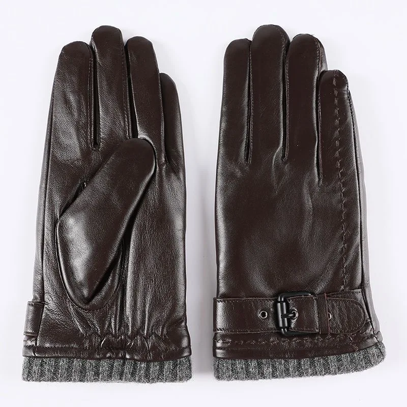 Guantes de cuero genuino para hombre, manoplas cálidas a prueba de viento para pantalla táctil de piel de oveja, conducción, ciclismo y motocicleta,