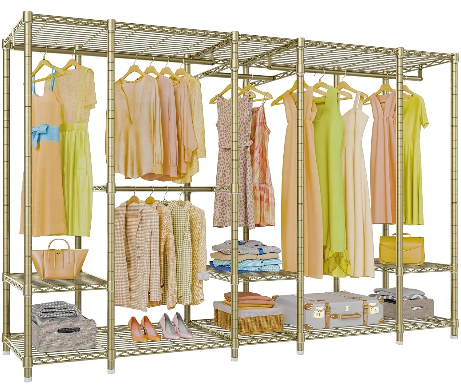 Modern Clothing Rack with Adjustable Shelves & Hanging Rod, Gold Metal Garment Display Stand for Retail & Home, Customized