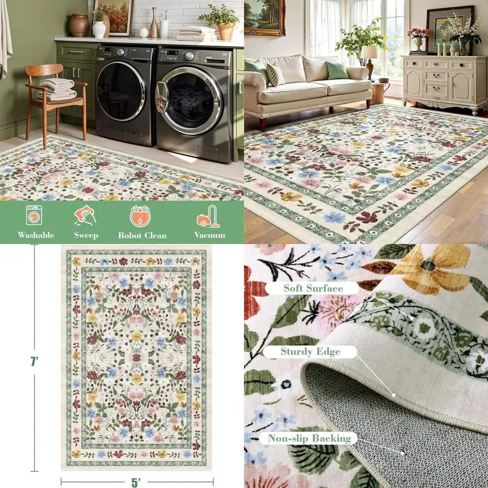 

Винтажный ковер в стиле бохо 5x7, моющийся и нескользящий, подходит для гостиной, спальни, столовой, игровой комнаты и детской, бежевый/серый