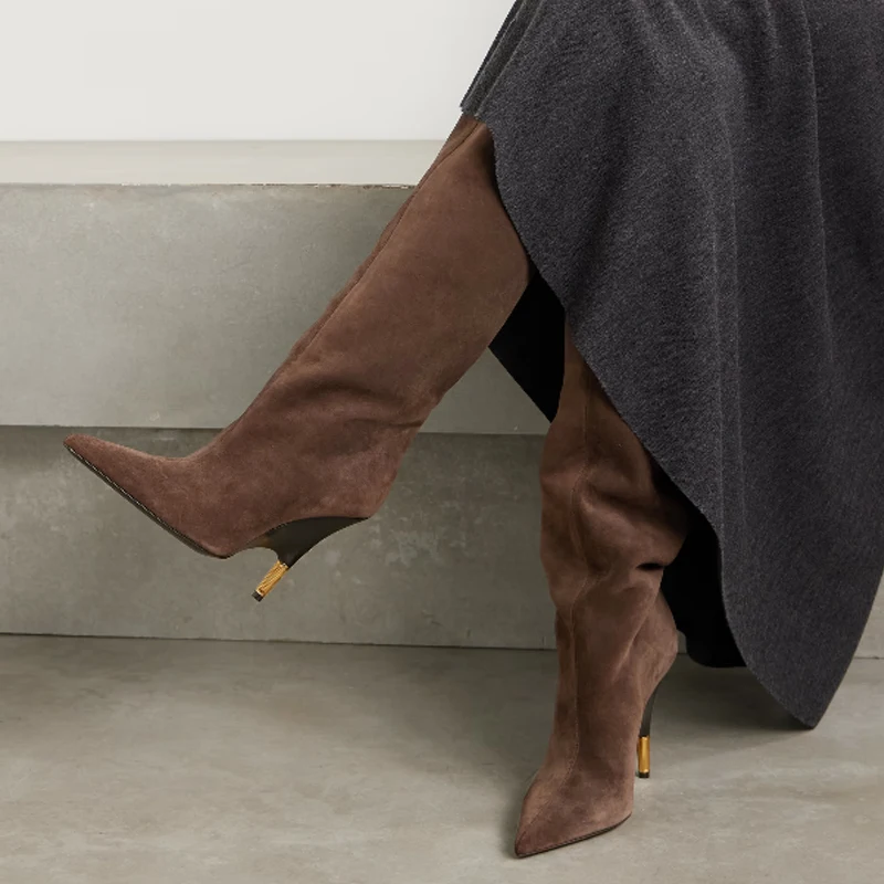 Brown Pointed Toe Suede Wedge Metal Heel Knee High Boots Woman Winter 2026 Slip-On High Heel Long Boots Party Office Shoes