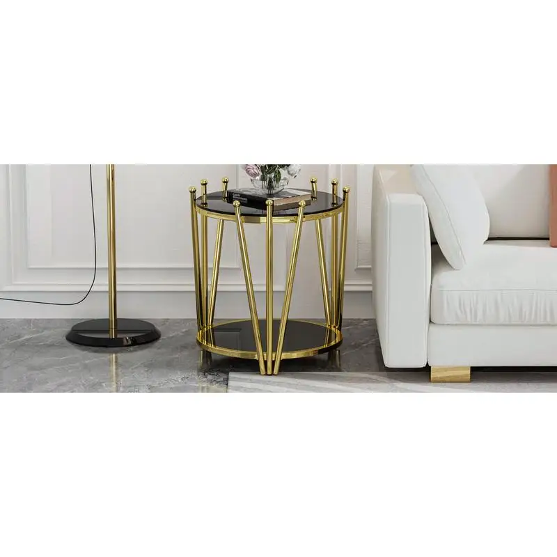 طاولة ذهبية فاخرة حديثة مقاس 19.69 بوصة، تصميم تاج من الفولاذ المقاوم للصدأ، طاولة جانبية مستديرة من الزجاج المقسى باللون الأسود لغرفة المعيشة