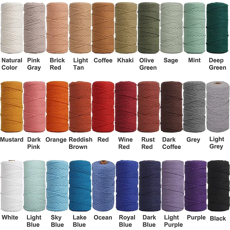 100M/Roll Natural Macrame Cord 3mm Colored Macrame Rope Cotton Rope Macrame Yarn Cotton Craft Cord for Wall Hanging DIY Knitting