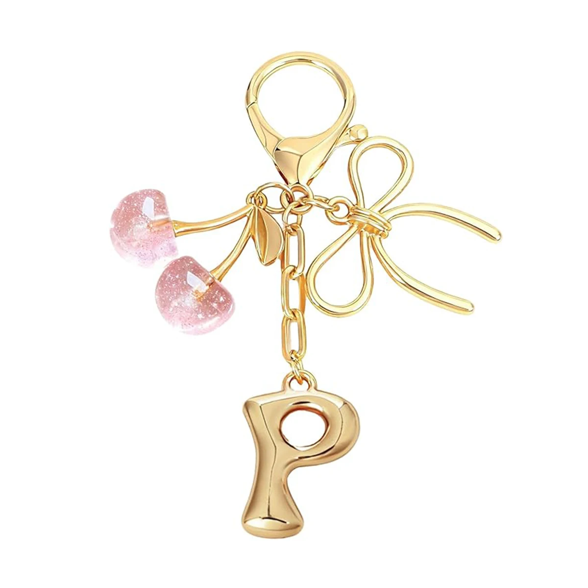 Gold Letter Bubble Initial Keychain with Bow & Cherry, Cute Handbag Accessory