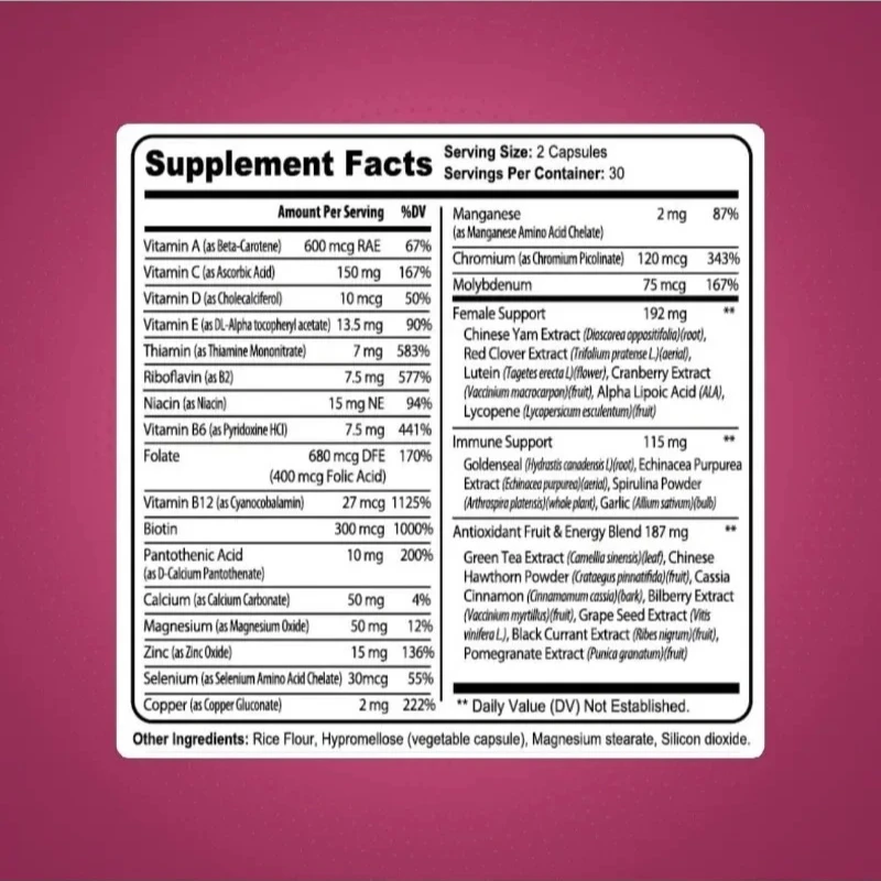 كبسولات مكملات يومية متعددة الفيتامينات والمعادن للنساء تساعد على الحفاظ على مستويات الطاقة وصحة المناعة
