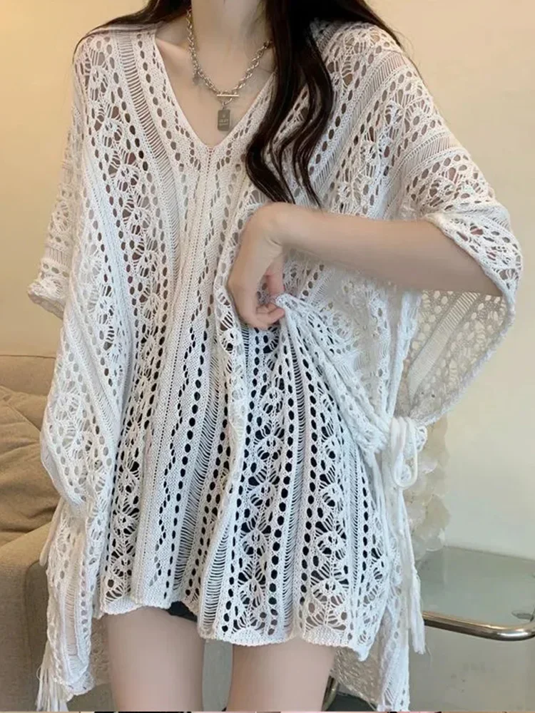 Women's Knitted V-Neck Batwing Sleeve Top Hollow out Loose Fit Summer plus Size Slimming Versatile Casual T-Shirt