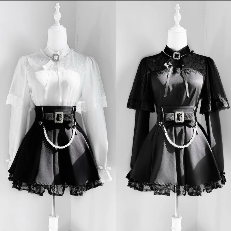 Japanese Gothic Y2k Lolita Style Shirt Skirt Set Women Sweet Lace Bow Shirt Kawaii Pearl Mini Skirts Female Fashion Slim Outfitn