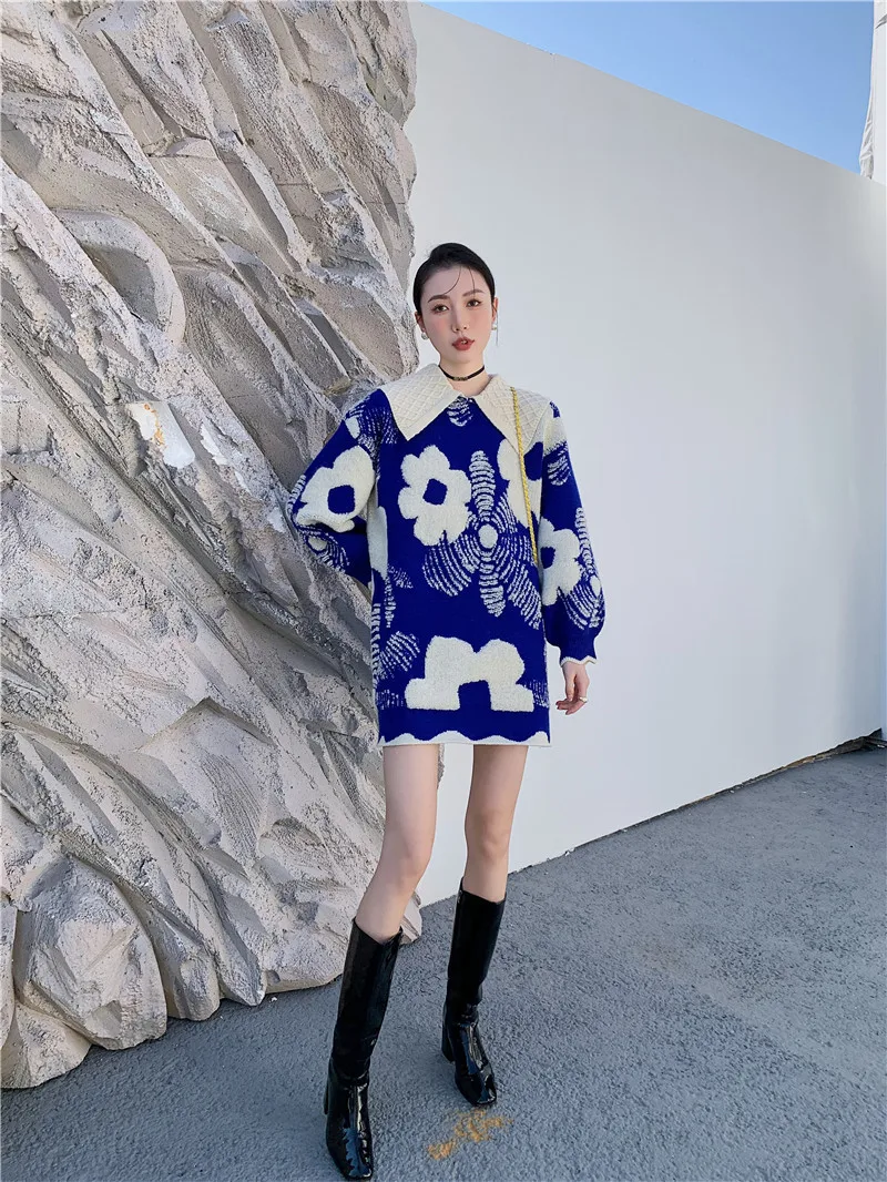 CHEERART Winter Floral Blue Sweater Dress Women Long Sleeve Knitted Collar Mini Korean Fashion Dress Designer Clothing