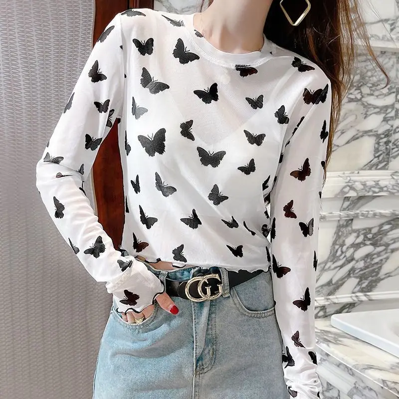 Spring Summer Fashion Printing T-Shirts Women's Clothin Slim O Neck Long Sleeve Undershirt Breathable Edible Tree Fungus Tops