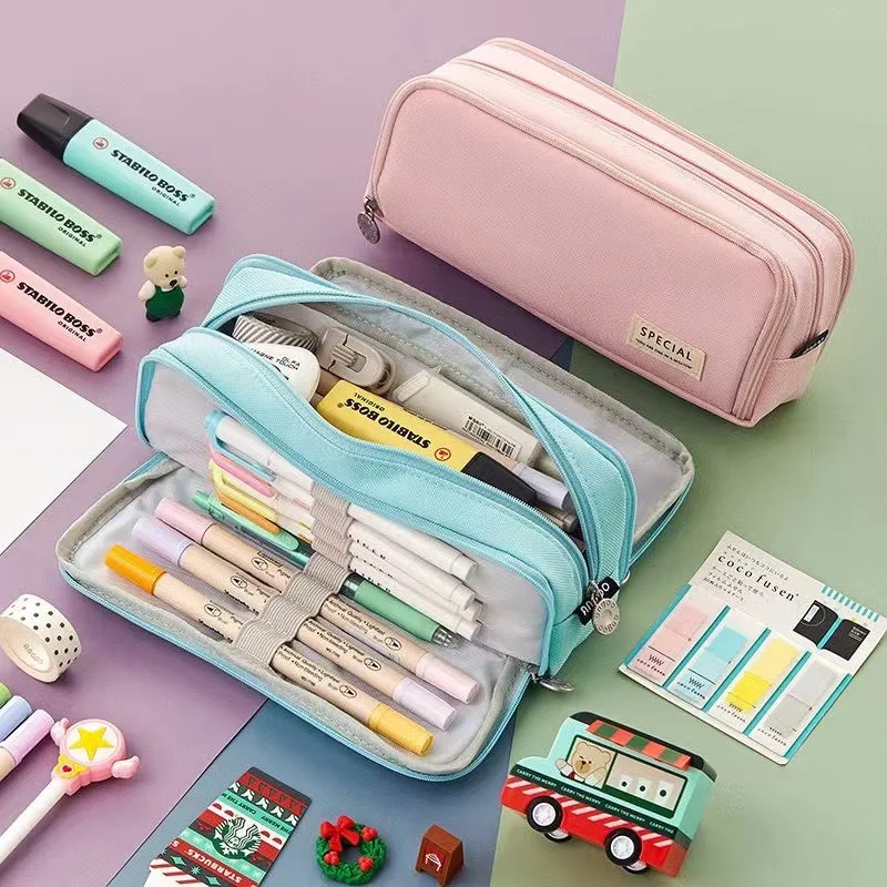 Large Capacity Pencil Case with 3 Compartments Double-Sided Opening Pen Storage Bag School Stationery Supply Pencil Holder Pouch