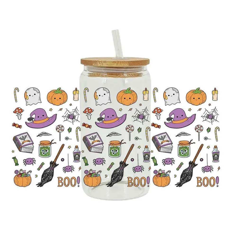 Cute Halloween UV DTF 16oz Glass Cup Wraps Decals Transfer Party Bottle Printing DIY Decoration Stickers Waterproof Mug Hom U9U1