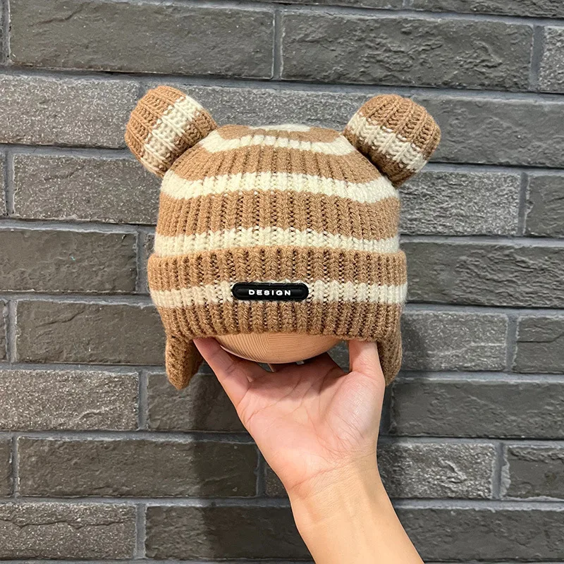 شتاء دافئ الطفل سدادات حماية الأذن قبعة موضة مخطط الاطفال قبعات منسوجة 6-12 شهر الوليد غطاء للأذنين قبعة سميكة الصوفية الرضع بيني
