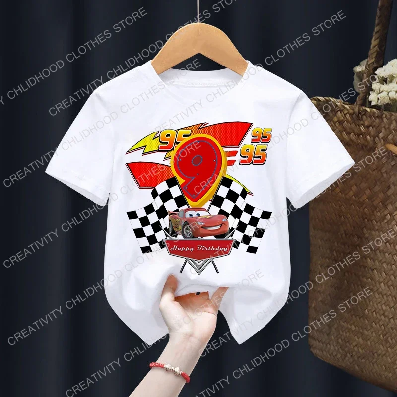 Verão disney carros crianças camiseta aniversário número 1-10 roupas kawaii anime desenhos animados crianças menino menina hip hop t camisas casual topo