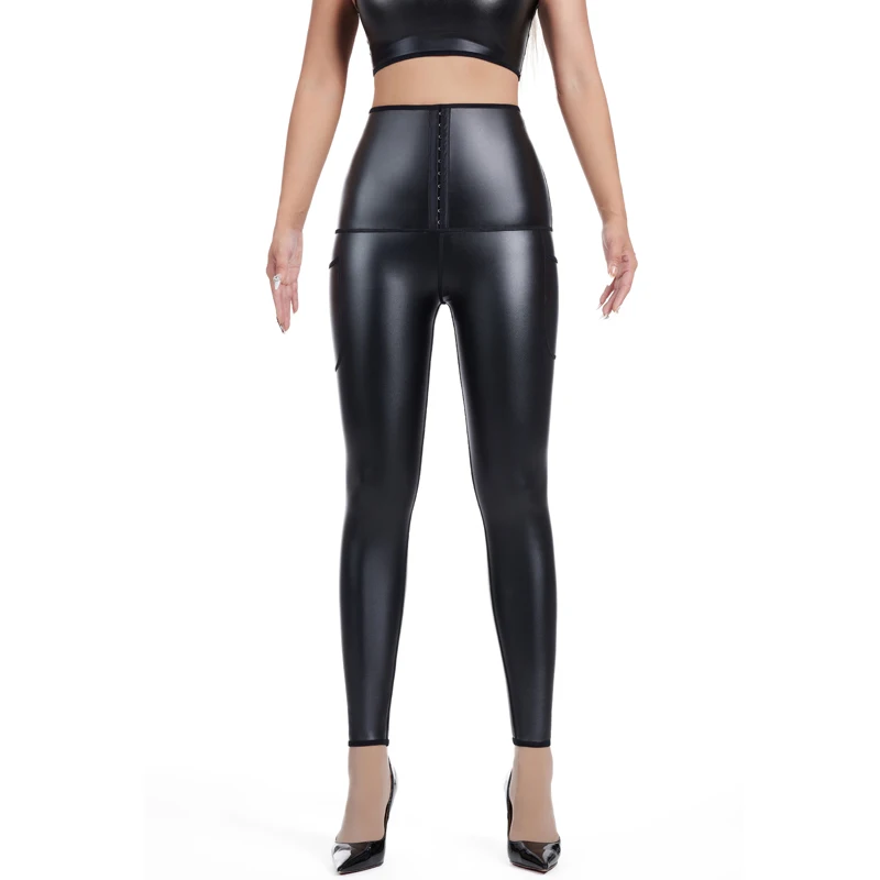 Mulheres ajustável corpo shaper leggings de couro calças de cintura alta calças elásticas cintura trainer calças de couro shapewear com bolso