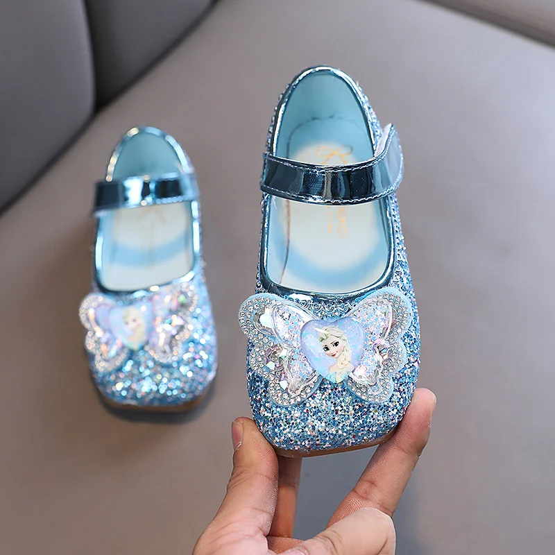 Disney Frozen Elsa Princess Designer Crystal Casual Flat Shoes for Kids Girls Bling Baby Shoes Child Flats Sneakers Square Toe