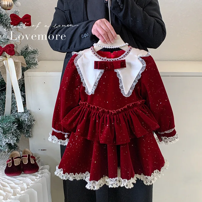 Girls red glitter velvet dress 2025 spring and winter new Korean version  girl thickened velvet New Year's princess dress
