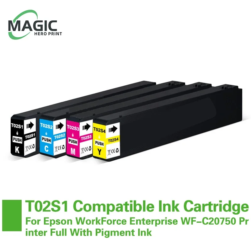 Compatível cartucho de tinta para Epson WorkForce, impressora completa com tinta pigmentada, T02S1, T02S2, T02S3, T02S4