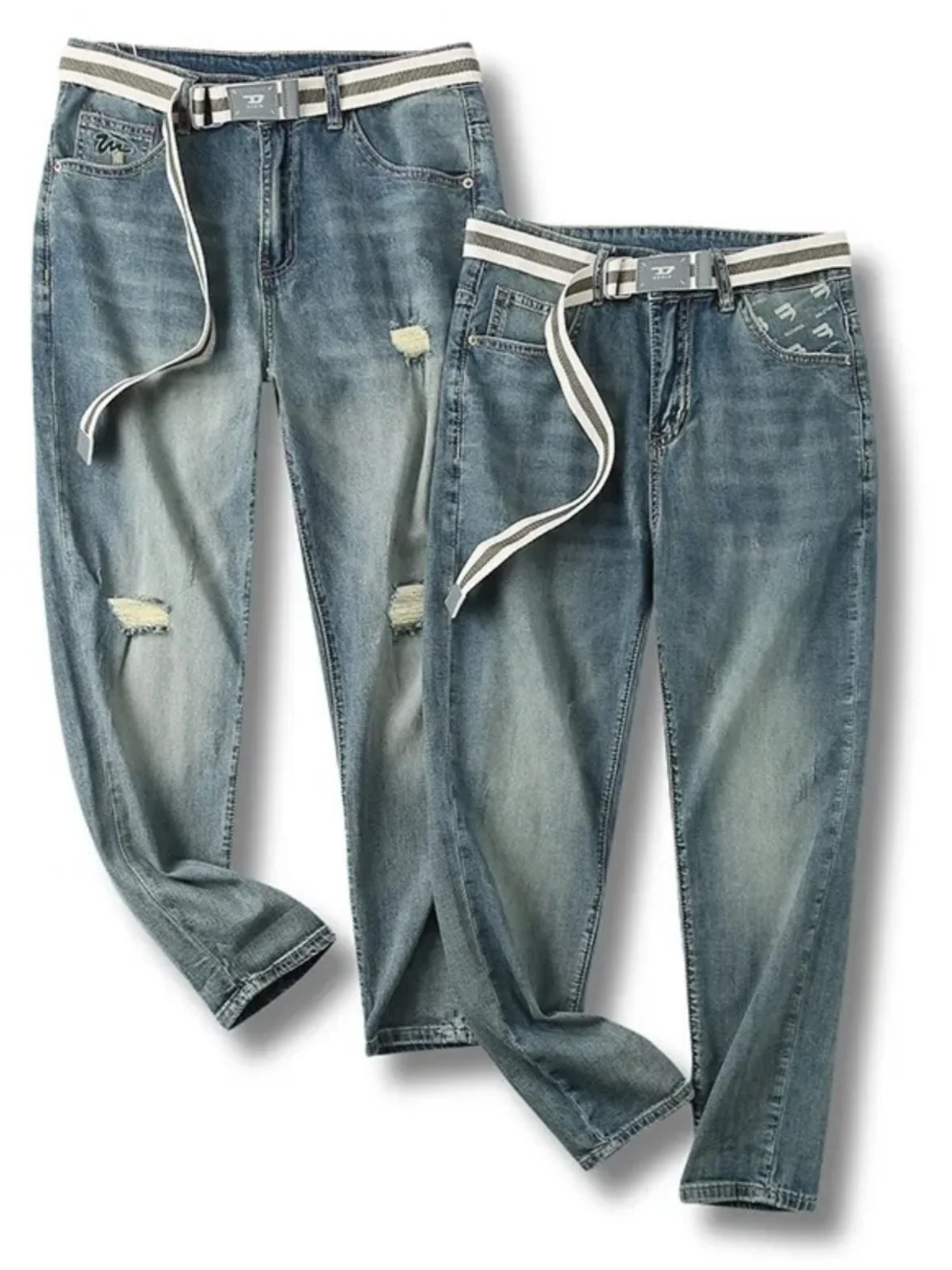 

Waed Handmade Cotton Jeans Men's Casual Straight Leg Thin Faion Spring Summer Low Waist Nine Points Zipper Fly Jeans