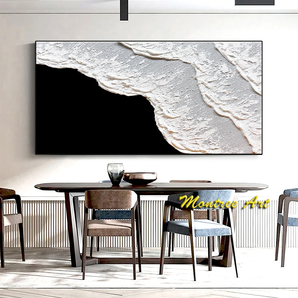 Hand Painted Oil Painting Original Black and White Ocean Wave Art White Wall Art Black Abstract Painting Living Room Decoration