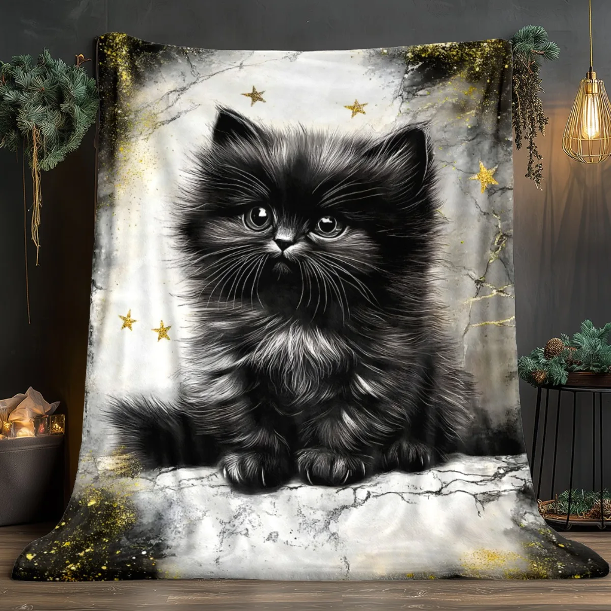Black Persian Cat Marble Gold Stars Fleece Blanket Elegant Pet Portrait Soft Cozy Throw Bed Cover Home Decor Luxury Style