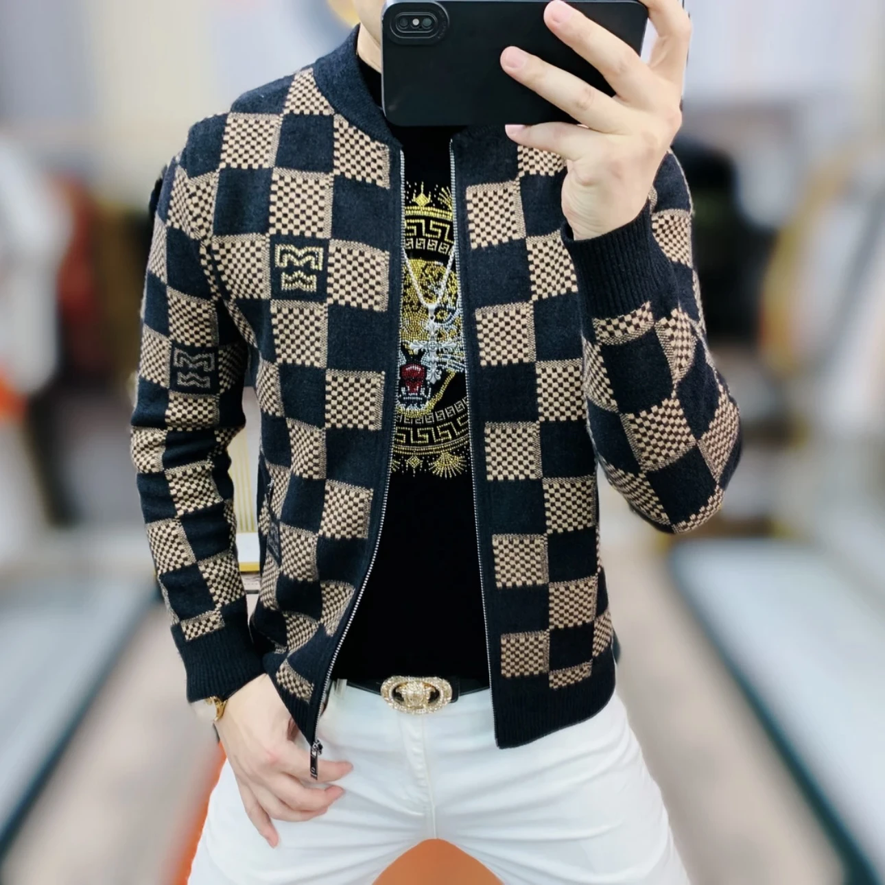 

Men's Baseball Collar Jaet Autumn Season Casual Knitted Zipper Sweater Outerwear Polyester Nylon Cosite Fiber Slim Fit