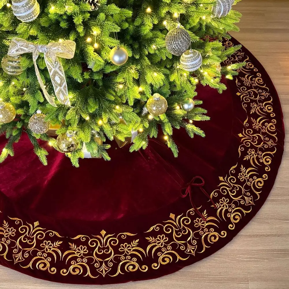

84-Inch ian Velvet Chrisas Tree Skirt with Gold Damask Embroidery and Plush Lace Ties, Bury