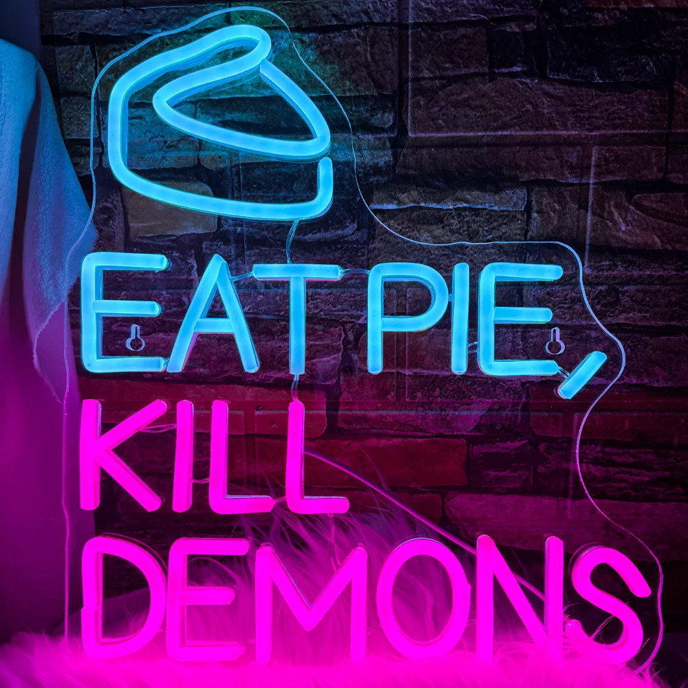 Eat Pie Kill Demons Neon Sign Pink Ice Blue Led Lights for Wall Decor Bedroom Bar Cafe Man Cave Christmas Party Decor Gift