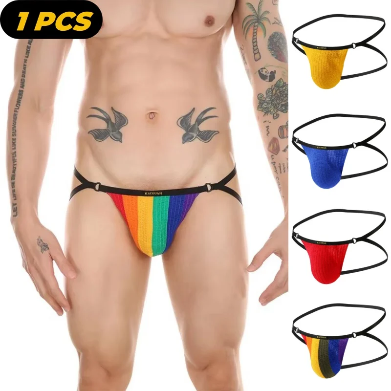 Hot Rainbow Stripes Knitted Underwear Men Thong G Strings Sexy Jockstrap Penis Bulge Pouch Male Lingerie Under Wear Jock Strap