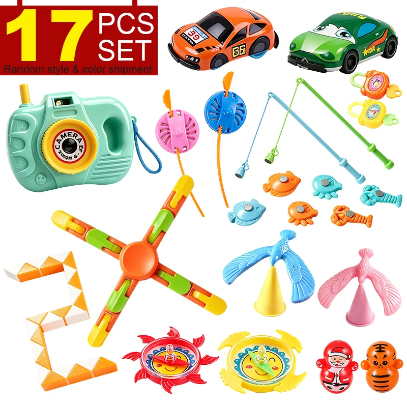 17PCS Assorted Kids Toy Set, Mixed Fidget Toys Pull Back Car Balance Bird Magic Ruler Camera Fishing Toy, Children Birthday Part