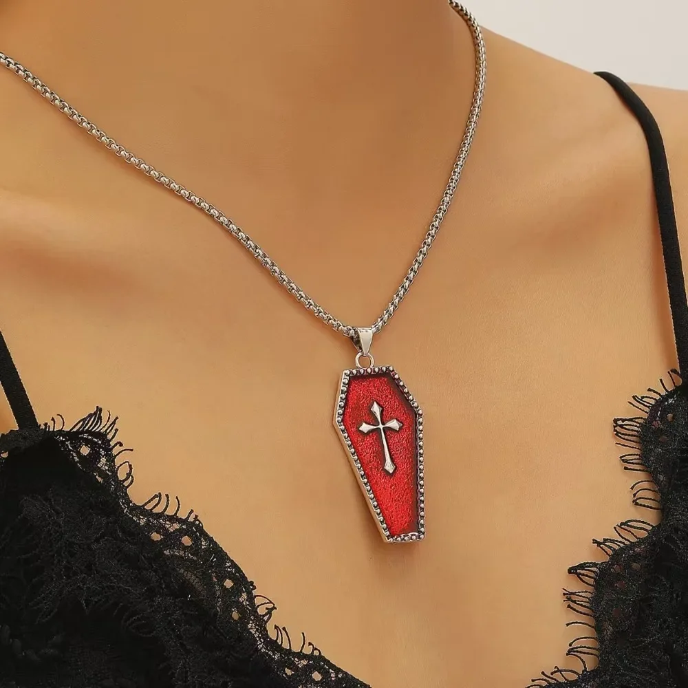 Darkly Gothic Style Red Black Coffin Relief Cross Pendant Necklace for Men Women Mysterious Halloween Vampire Jewelry Accessory