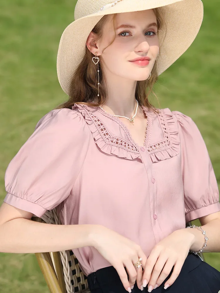 

I BELIEVE YOU Blouse for Womens 2023 Summer Tops Office Lady Casual Puff Sleeves Blouse Hollow Out Shirts Clothing 2231095052