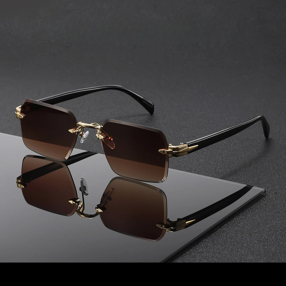 

Retro Square-Frame Brand Designer Metal Frameless Sunglasses Unisex Metal Hinged Edge-Cut Outdoor UV-Protective Eyewear