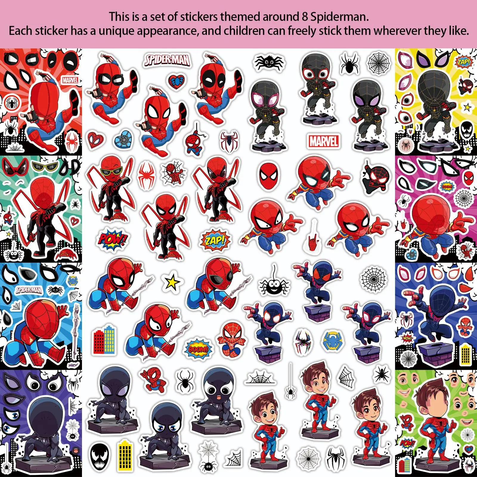 8Sheets Cartoon Spiderman Stickers for Kids DIY Scrapbooking Waterproof Face Decals Creative Collage Art Sticker Toys