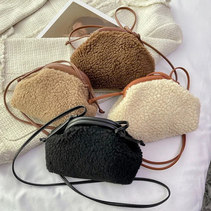 Luxury Lamb Woolen Handbag Purse Clutches Women Bag 2023 Winter New Mini Small Crossbody Phone Bag Lady Warm Plush Bag Hobos