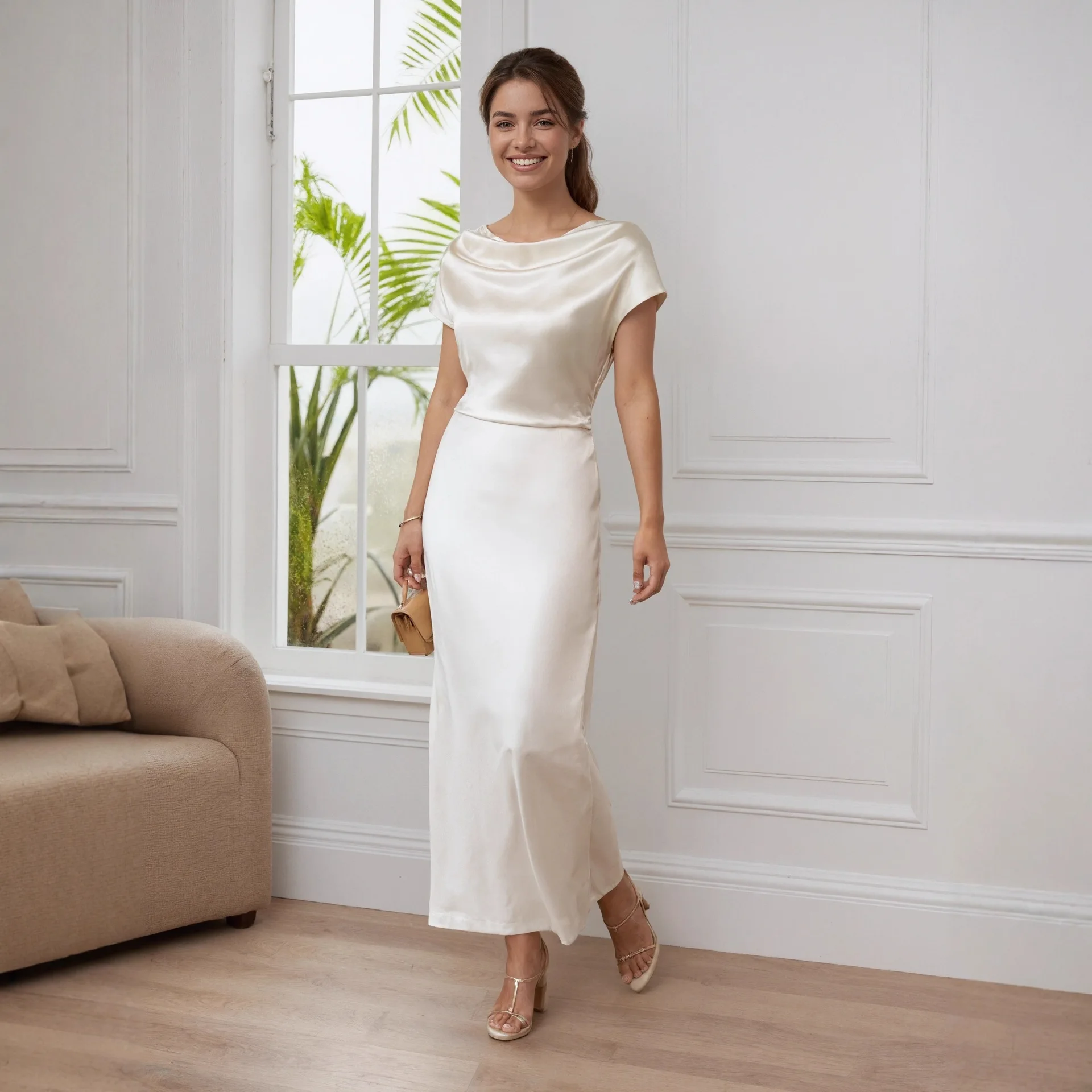 Elegantes Set aus Satin mit Wasserfallausschnitt und Maxirock für Damen, kurzärmelig, seidenartig, für Hochzeitsgäste, schickes Partykleid für Damen