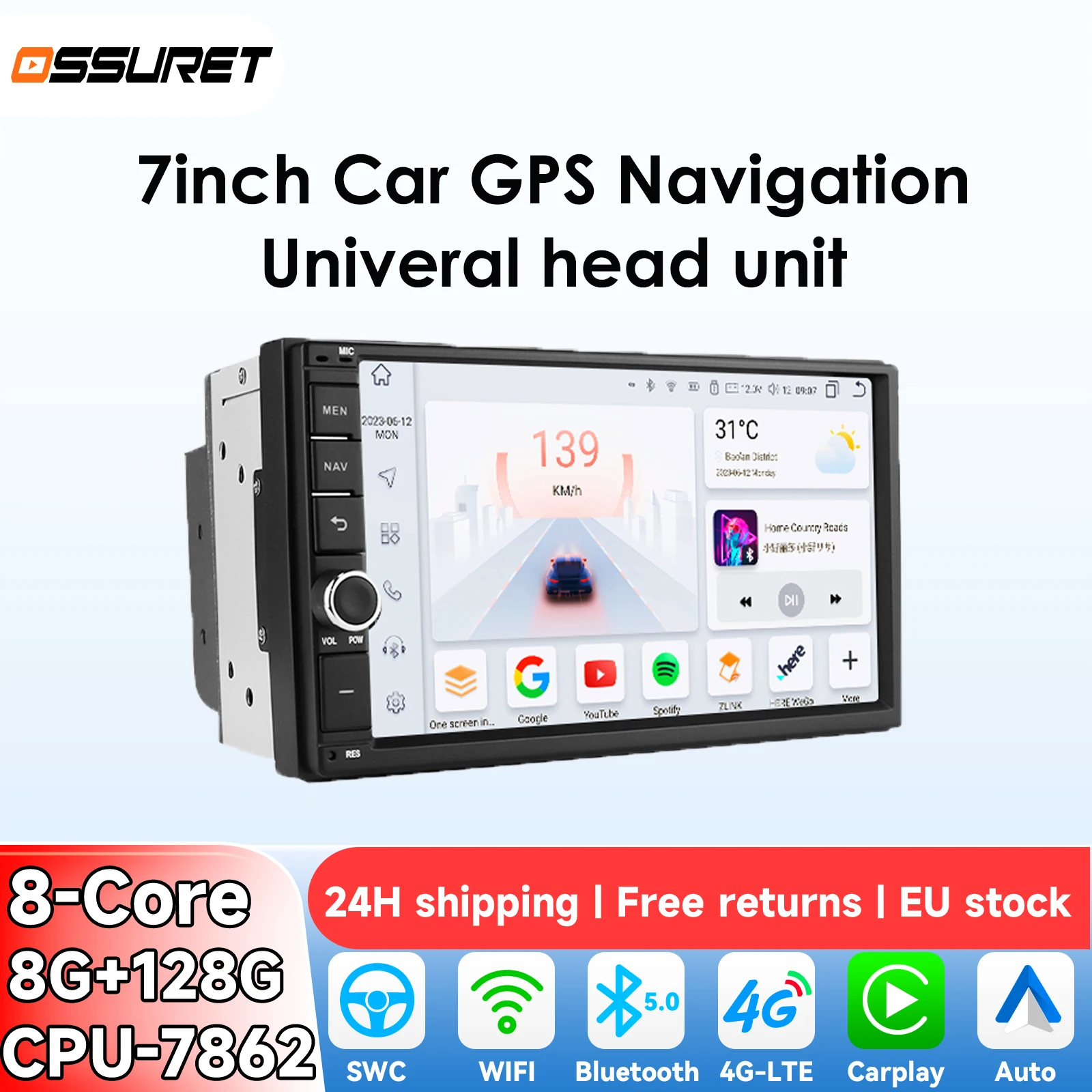 OSSURET 7'' 8G+128G Autoradio Android per auto con navigatore GPS universale, unità principale GPS, lettore multimediale video, 4G WIFI BT UIS7862