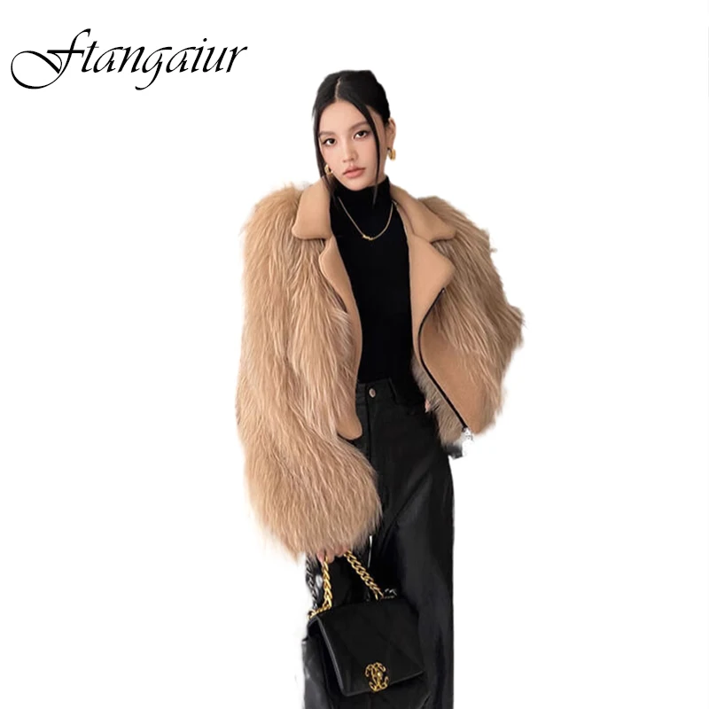 

Ftangaiur Winter Imported Fox Fur Turn-Down Collar Weave Full Sleeve Women Short Fox Coat Natural Fur Slim Fox Fur Coats