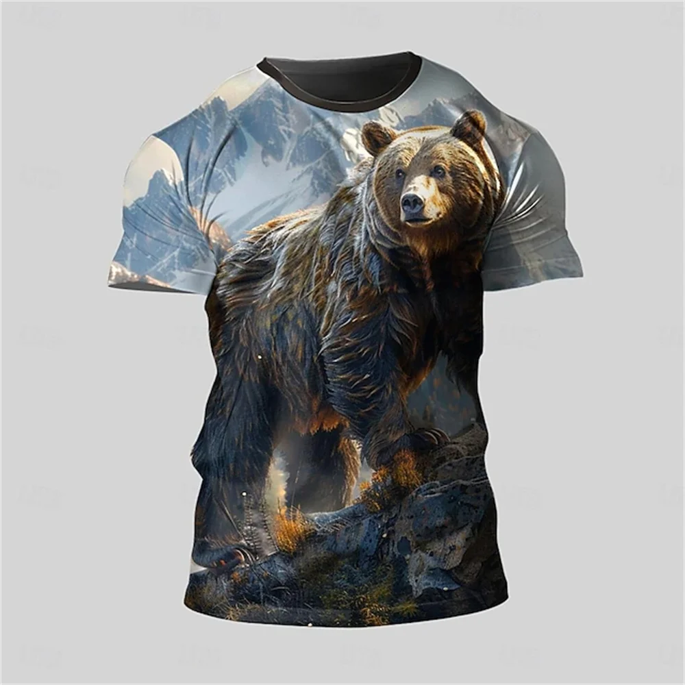 Men's Casual Round Neck T-Shirt Outdoor Sports Mountaineering Short Sleeve 3D Dog Bear Print Summer Breathable Men's T-Shirt Top