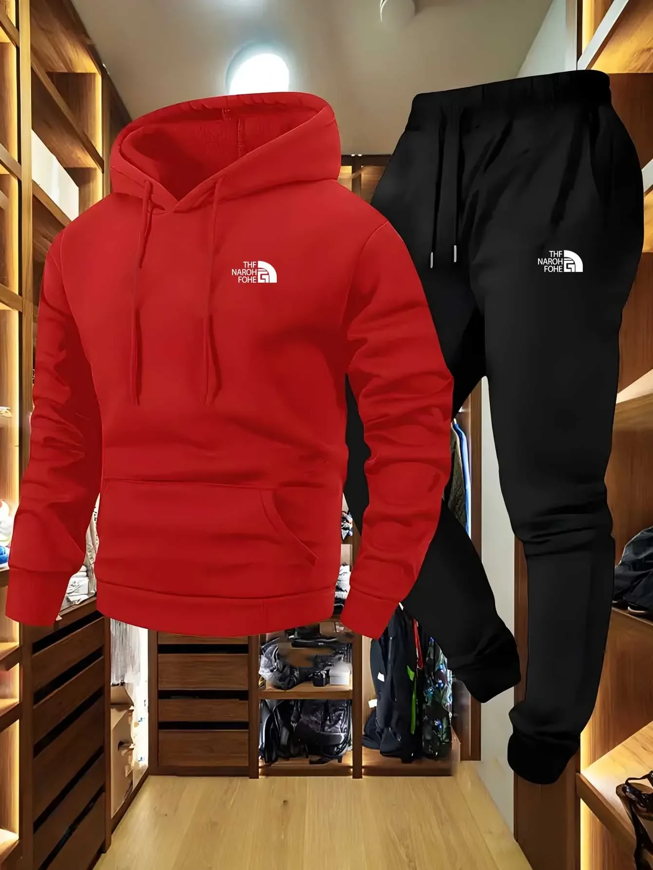 Men's Casual Two-Piece Set with Autumn and Winter Print Hoodie and Pocket Pants Regular Fit Outdoor Sports Suit